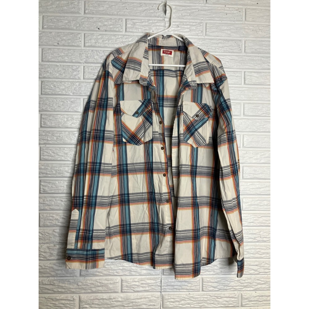 Wrangler Plaid Button Down Mens 3XL White Blue Orange Excellent Long Sleeve